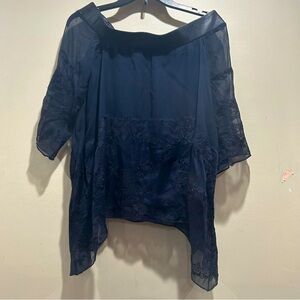 Bailey 44 Women S silk leather trim off shoulder embroidered top.